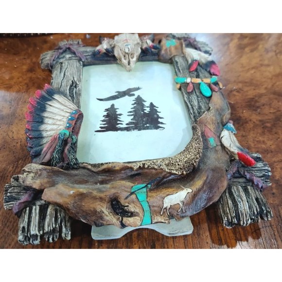 Rustic Native American Motif Resin Picture Frame Chief Cow Head Hide 7x9" Decor - Picture 2 of 15